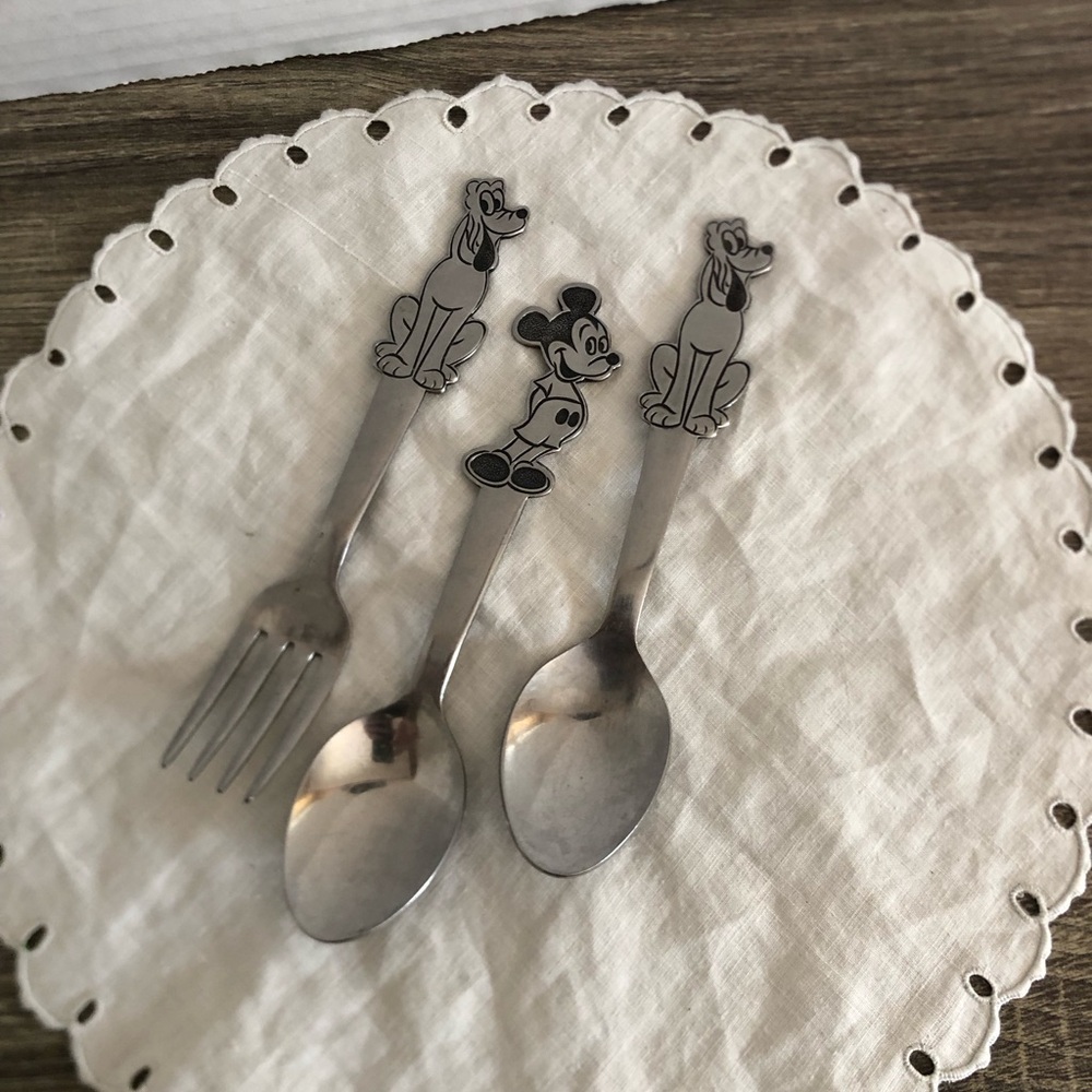 Vtg Disney Stainless Mickey & Pluto Childrens Utensils